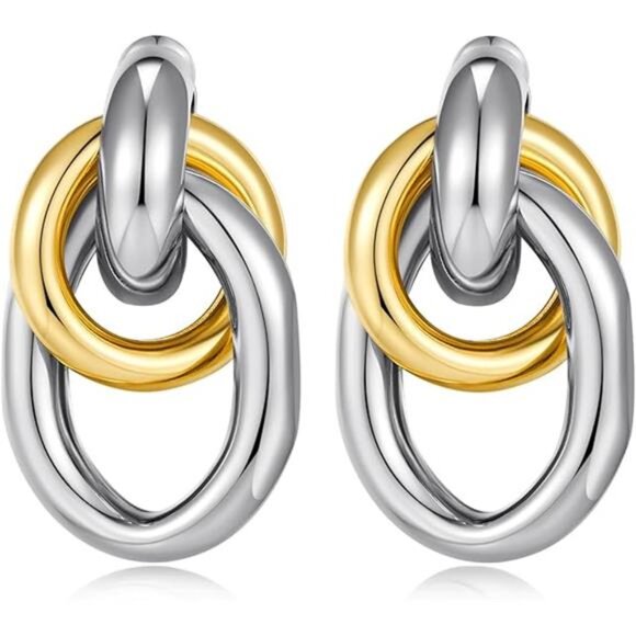 Two-Tone Geometric Link Earrings | Chunky Minimalist Gold & Silver Dangles - Picture 5 of 5